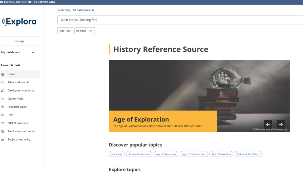 ScreenGrab of an educational website showing a stack of old books with a ship in a bottle on top of the stack.