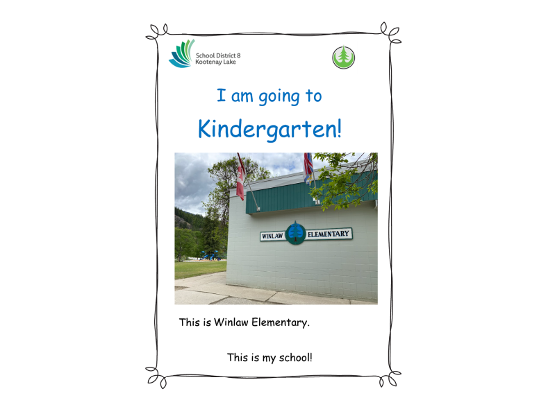 Front page of a social story showing a school and the text, "Welcome to Kindergarten!"