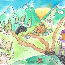 Drawing of mountains, paths, school items and student.