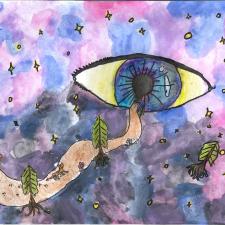 Drawing of a giant eye against a purple night sky.