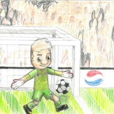 Drawing of a cartoon soccer player scoring a goal.