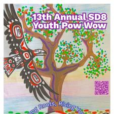 Colourful poster of a tree, eagle, salmon and butterfly advertising a youth pow wow.